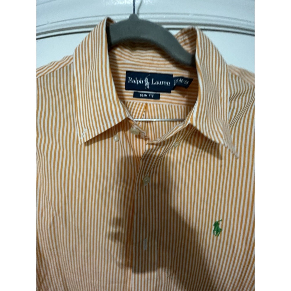 Ralph Lauren Slim Fit Mens Orange White Striped SS Button-Up Shirt M Embroidered